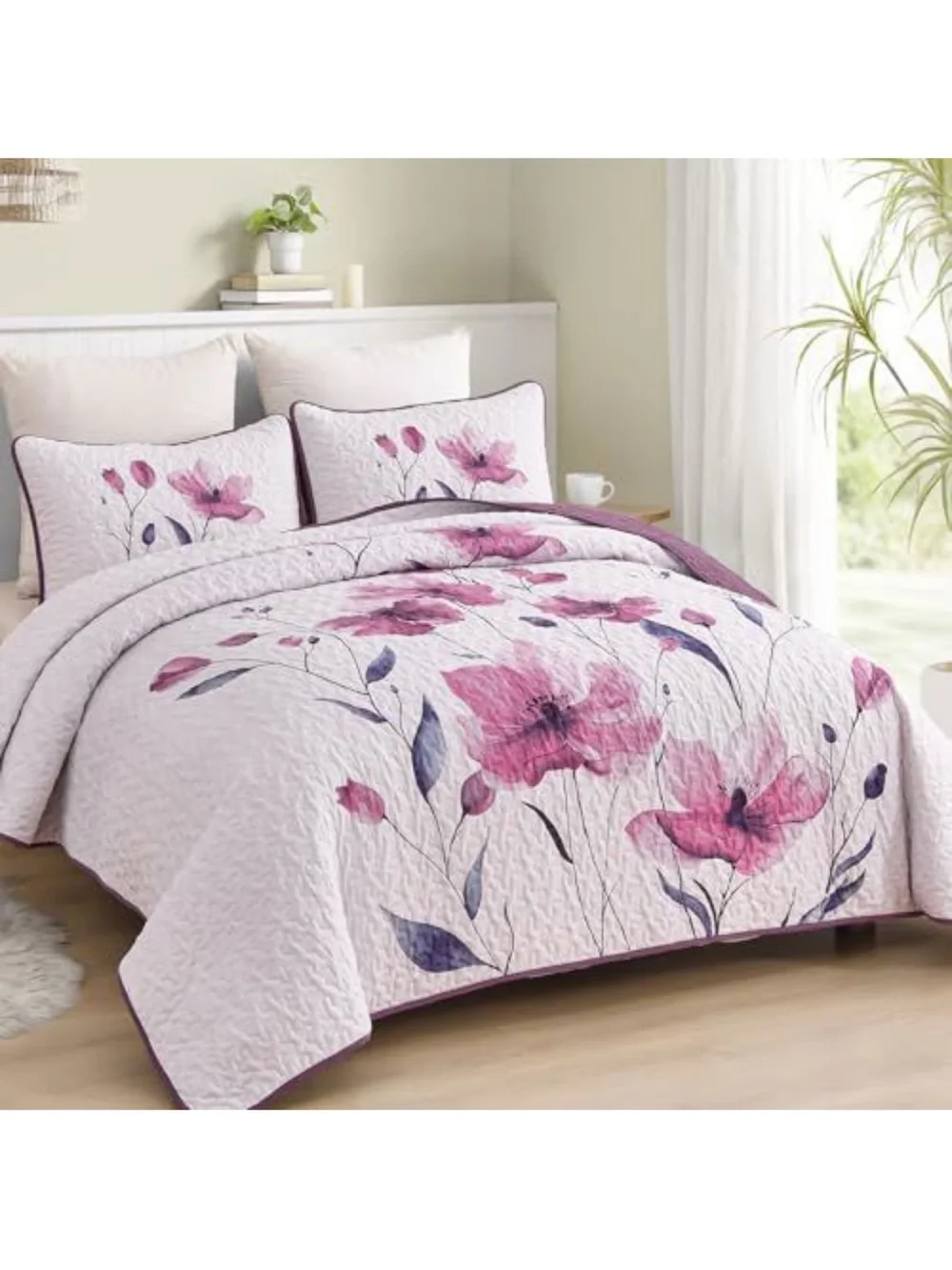 Floral Pink Quilt Set - Light Pink and Plum Bedding